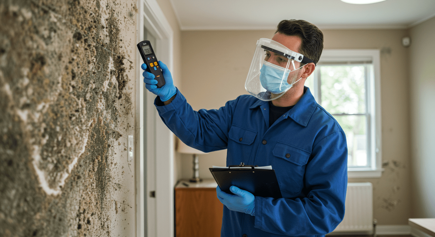 A professional mold inspector examining a home with a moisture meter, highlighting areas affected by mold. The inspector is wearing protective gear, and the background shows a residential interior with visible mold patches.