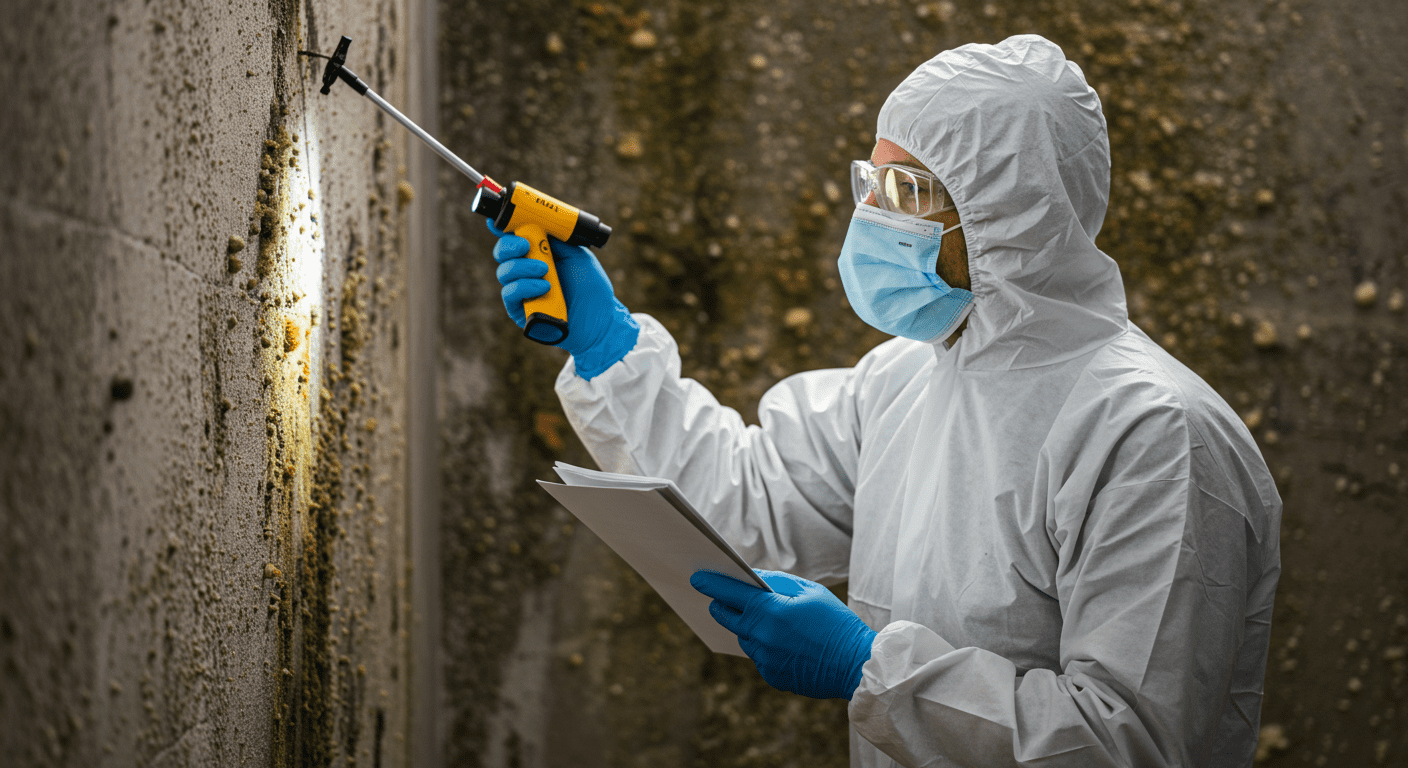 A professional mold inspector in protective gear examining a wall for mold growth. The inspector is using a moisture meter and flashlight, showcasing the thoroughness of the inspection process.